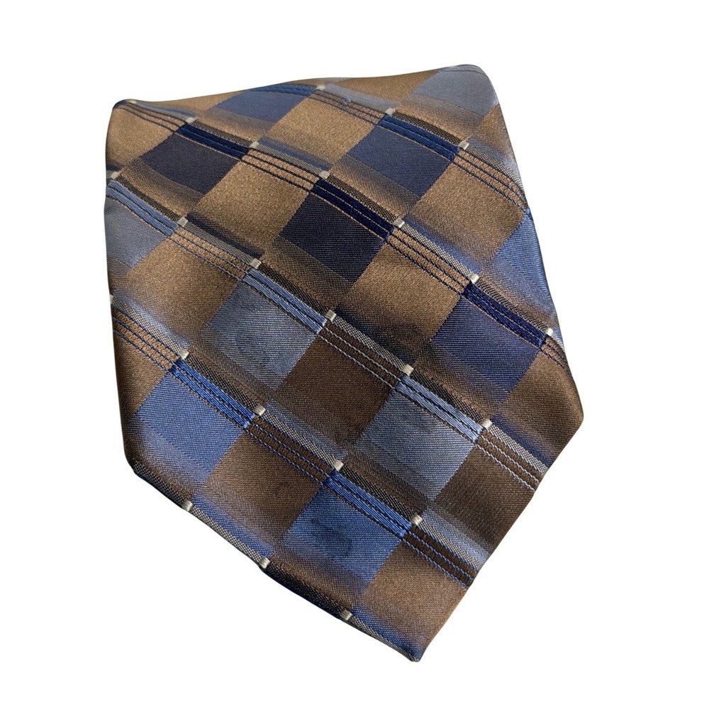 Calvin Klein Necktie Brown Blue Plaid Check Silk Formal Business Mens